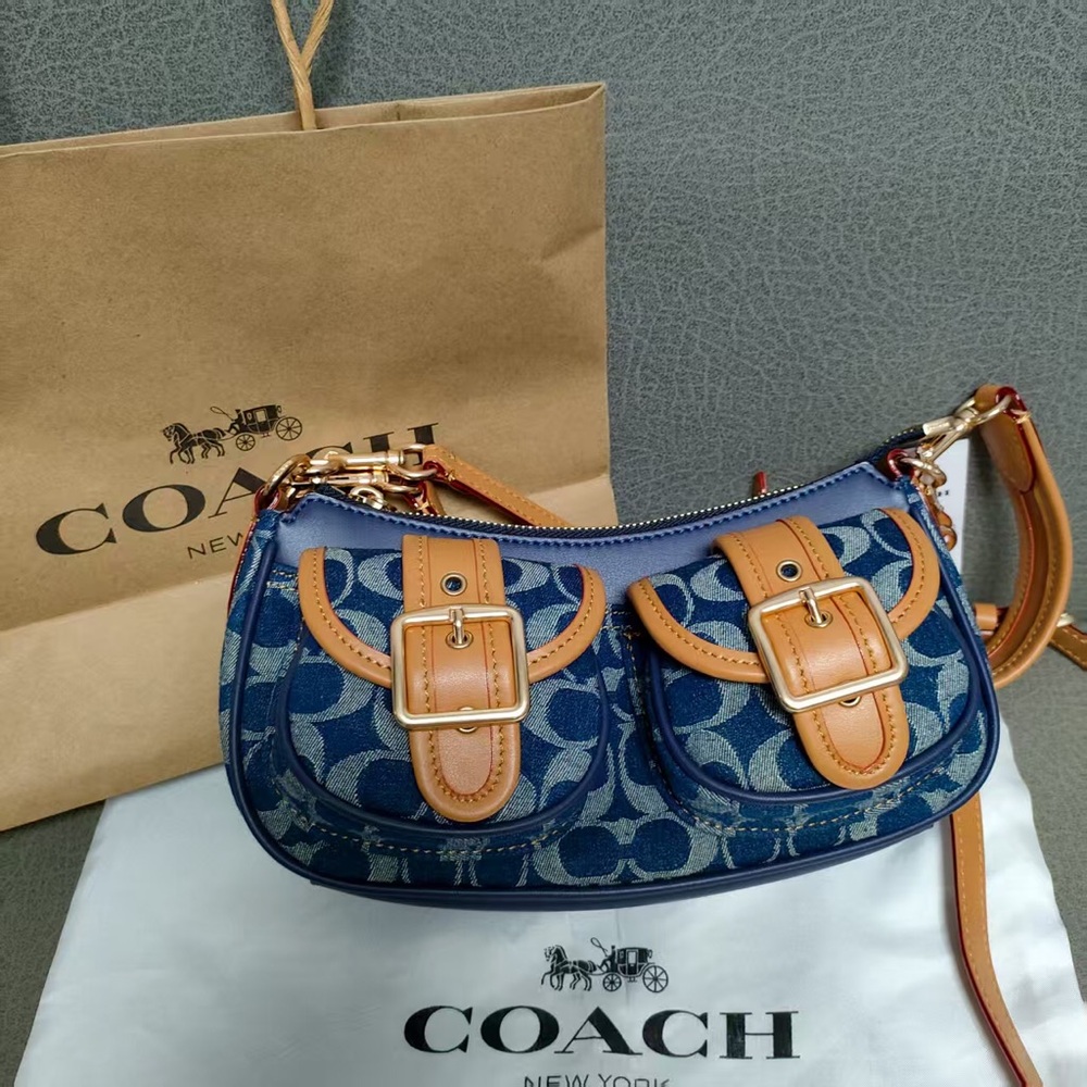 Coach Navy and Tan Shoulder Bag